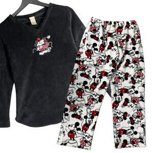 Mickey & Minnie Fleece Pajama‎ Set Disney Women S V-Neck Top White Print Pants